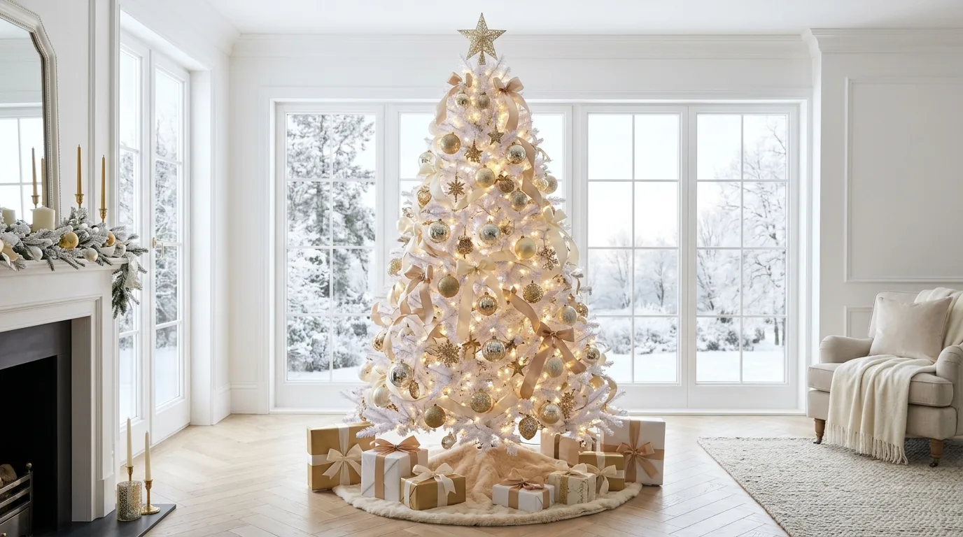 White Christmas tree styled with gold accents and satin ribbons.